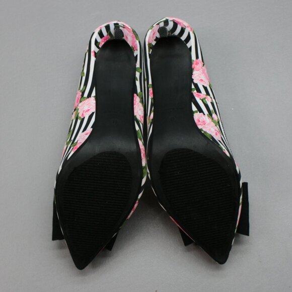 Betsey Johnson Ladies 9 Bret Roses Floral Stripes Ribbon Bow Heels Shoes Pumps - Picture 9 of 12